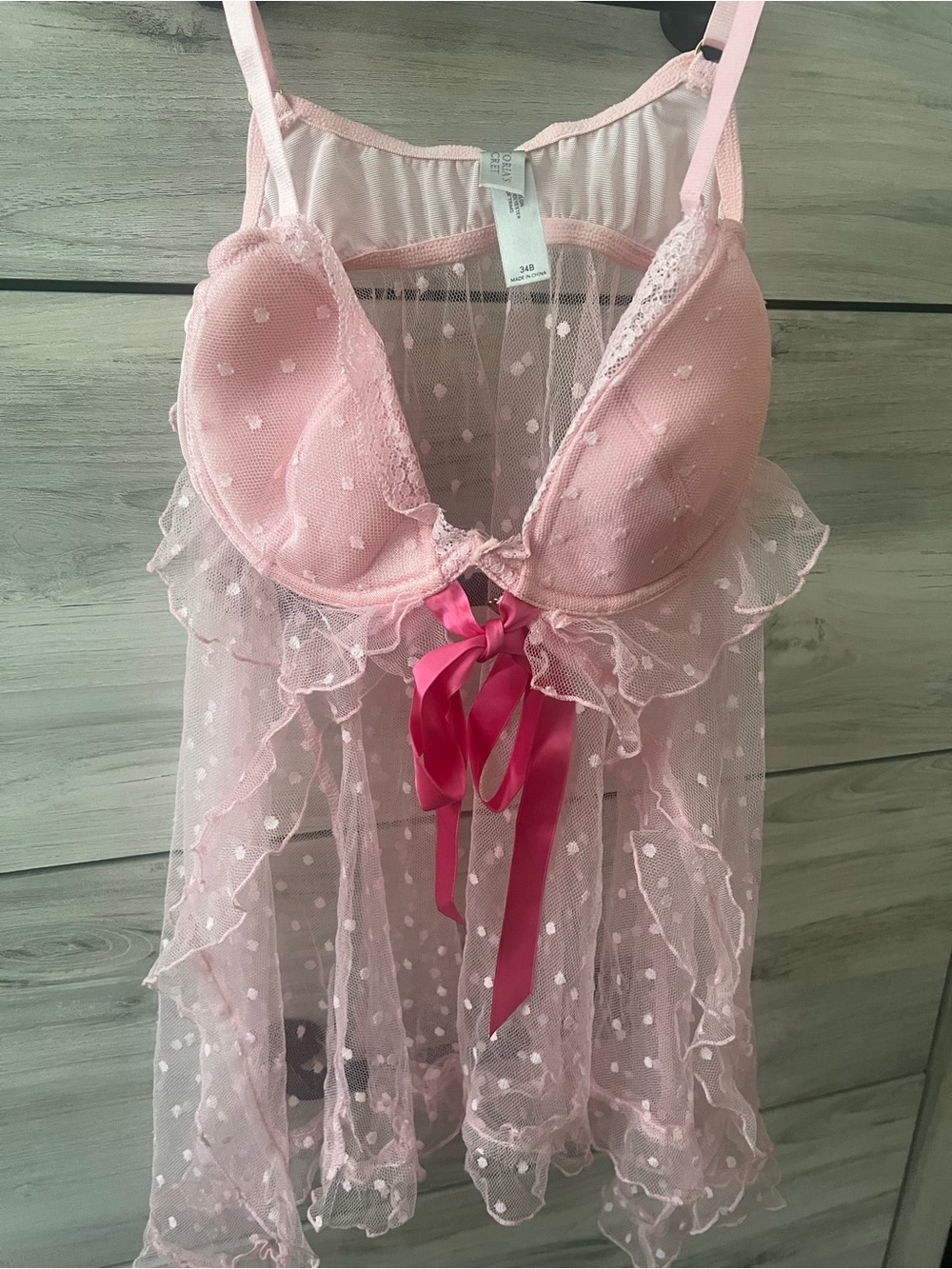 Pink Polka Dot Sheer Babydoll Chemise with Ribbon